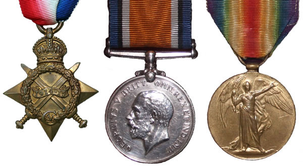 1914 Star, British War Medal and Allies Victory Medal. 